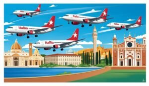 Illustration of Italia airplanes flying over Italian cityscape with landmarks