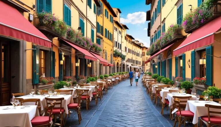 Outdoor restaurants line a cobblestone street in a European town