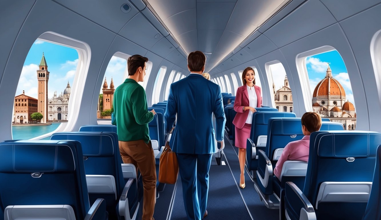 Passengers boarding a modern airplane with Italy's iconic landmarks visible through the windows