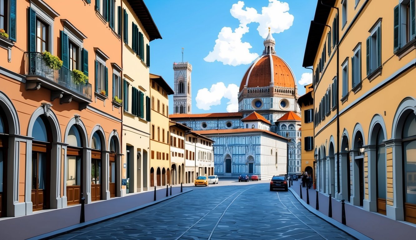 The historic streets of Florence, Italy, with iconic landmarks and charming architecture in the background, showcasing the beauty of the city's prime areas to stay