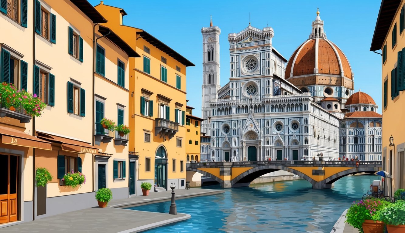 The iconic landmarks of Florence, Italy, including the Duomo and Ponte Vecchio, surrounded by quaint streets and bustling piazzas