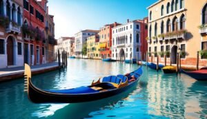 Gondola on a canal in Venice, Italy, with colorful buildings