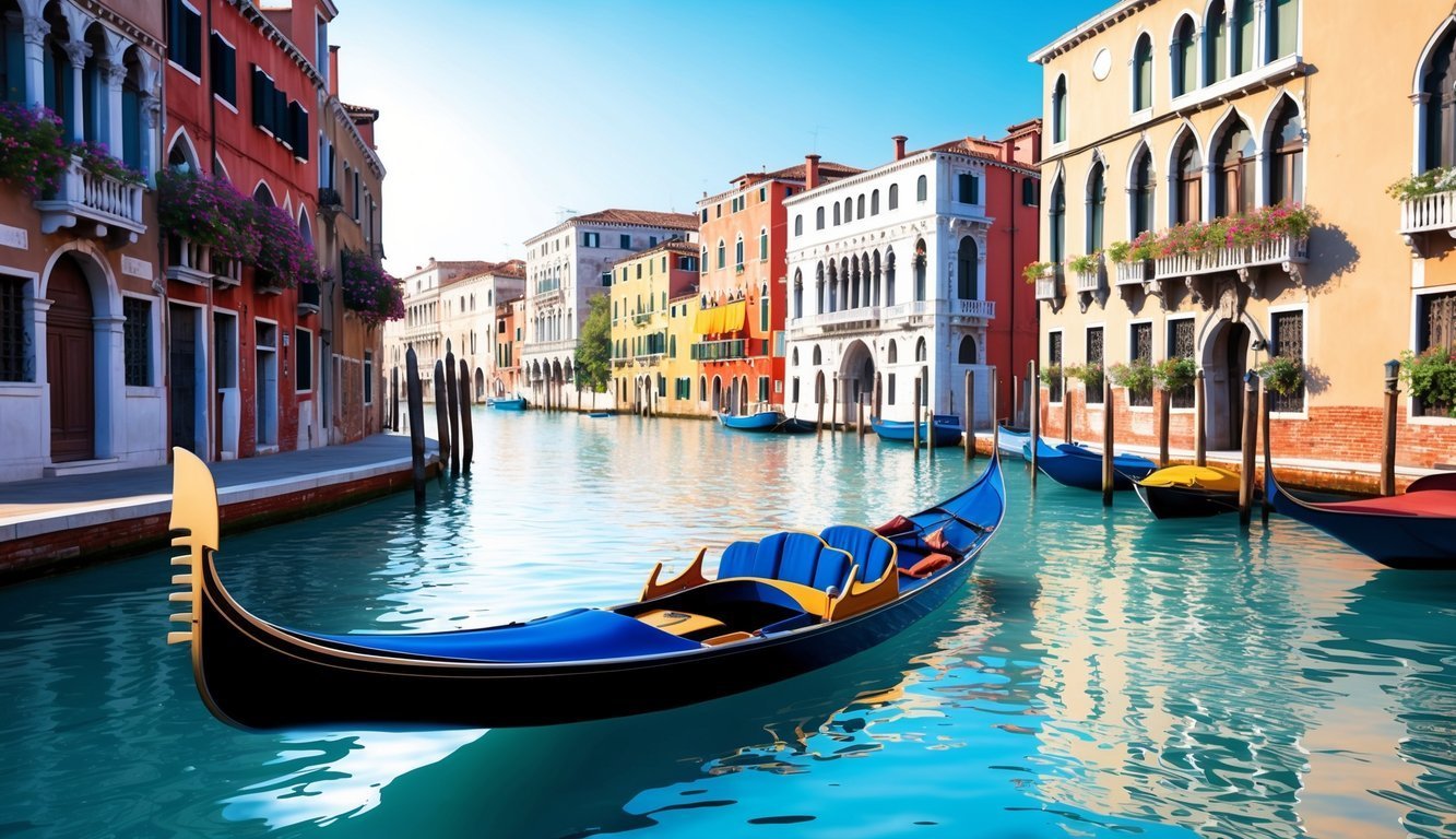 Gondola on a canal in Venice, Italy, with colorful buildings