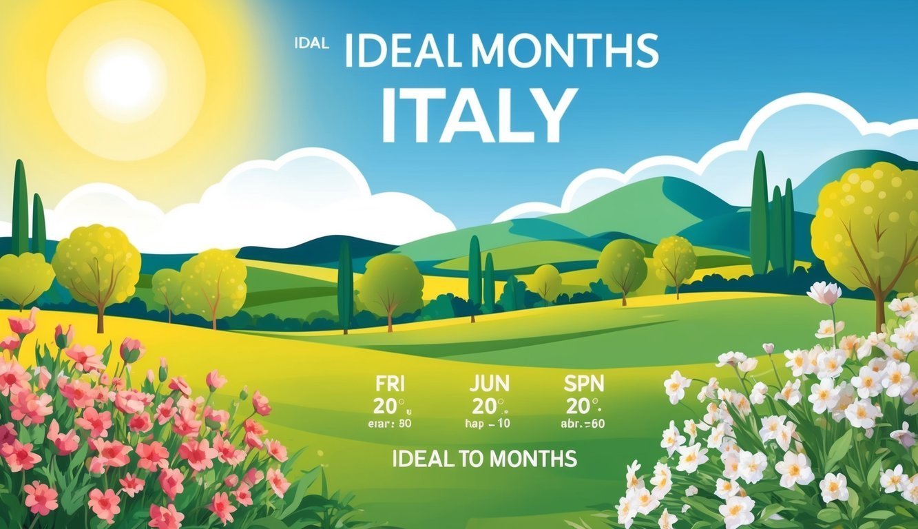 A sunny Italian landscape with blooming flowers, clear blue skies, and warm temperatures, representing the ideal months to travel to Italy
