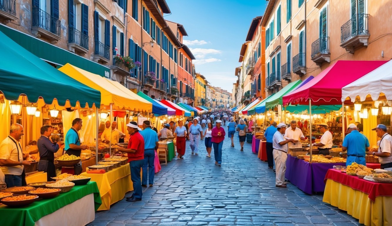 Brightly colored tents and stalls line the cobblestone streets of Naples, bustling with locals and visitors enjoying traditional food, music, and dance at the city's vibrant festivals