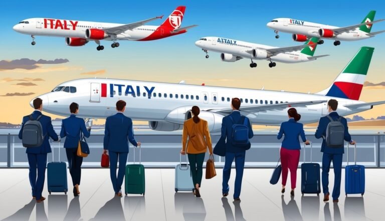 People with luggage walking towards airplanes with "Italy" on them