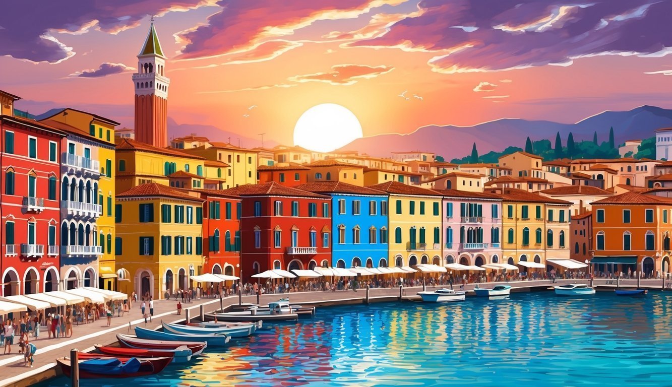 The sun setting over the colorful buildings of Naples, Italy, casting a warm glow over the bustling streets and lively waterfront