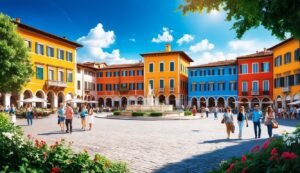 Colorful buildings surround a plaza with a fountain and people walking around