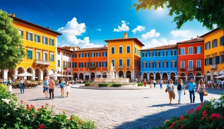 Colorful buildings surround a plaza with a fountain and people walking around
