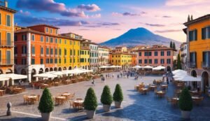 Colorful buildings surround a plaza with outdoor cafes, mountain in the background