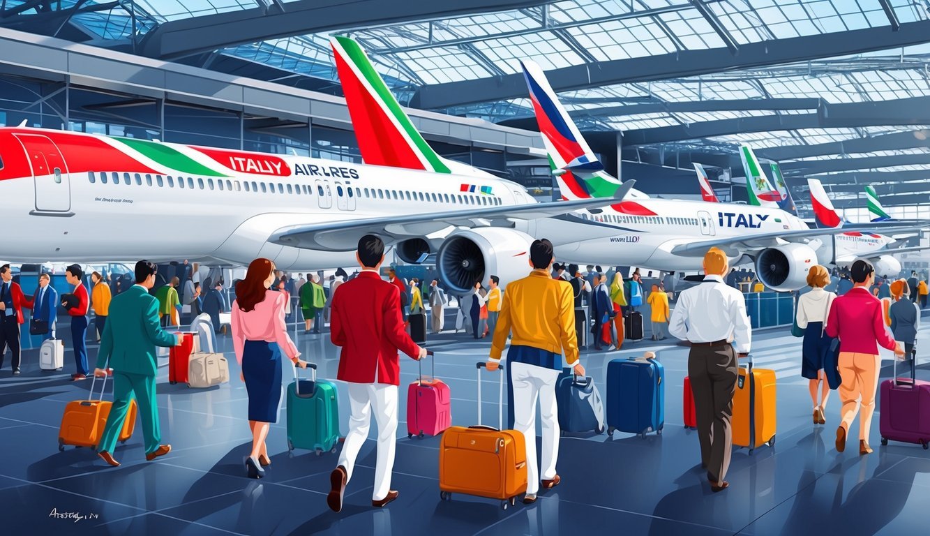 Passengers boarding planes for Italy with top-rated airlines at a bustling airport terminal