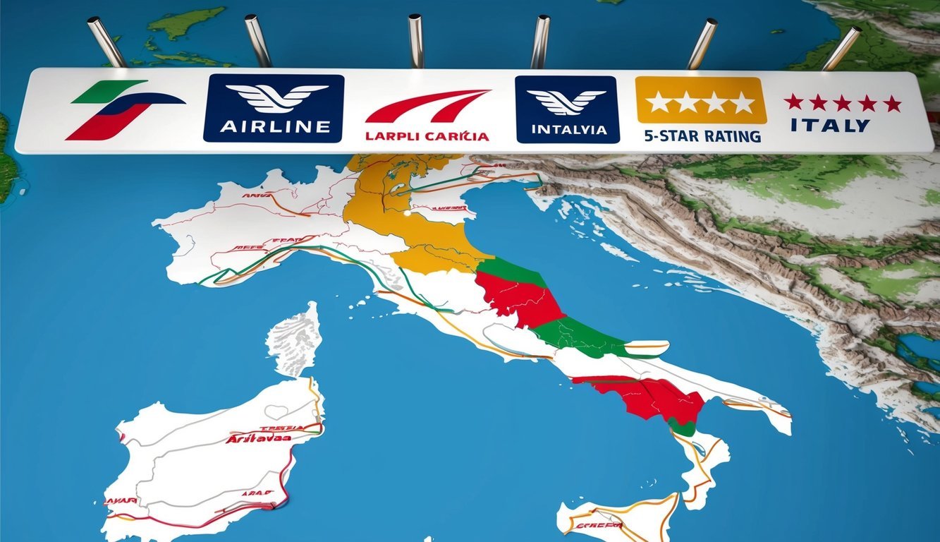 Airlines logos displayed above Italy map with 5-star rating symbols