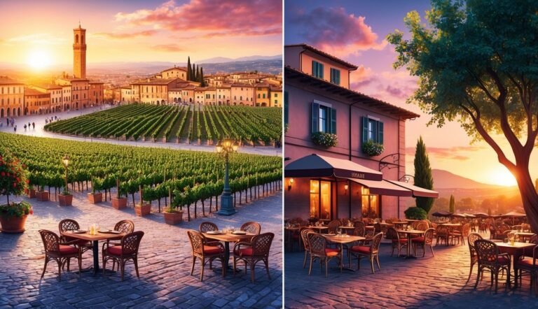 Vineyard and restaurant scenes at sunset, with tables and chairs