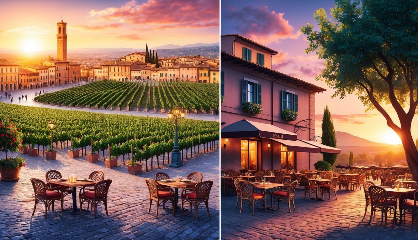 Vineyard and restaurant scenes at sunset, with tables and chairs
