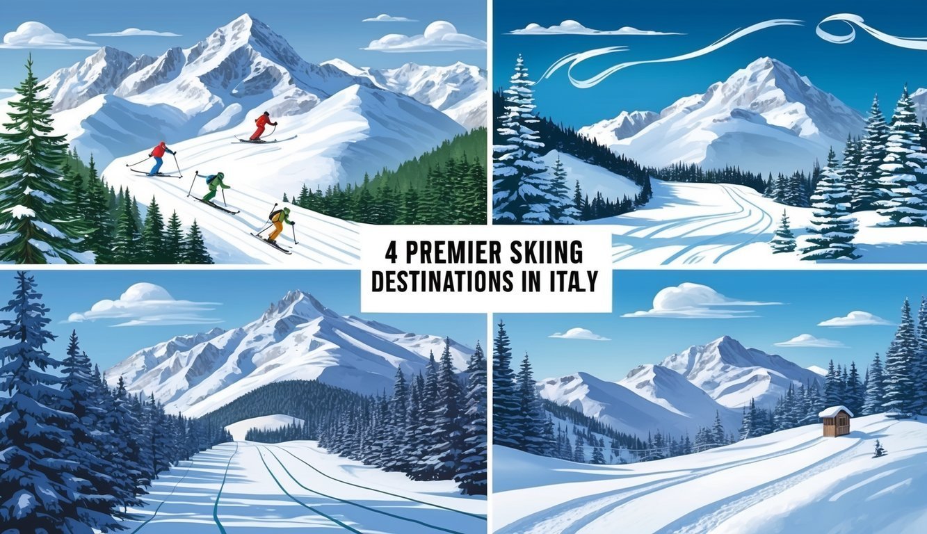 Four illustrations of snowy mountain landscapes, promoting Italian skiing destinations