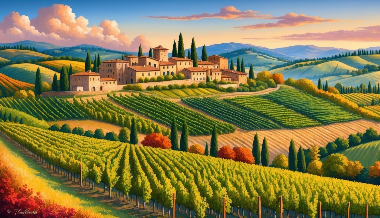 A picturesque Italian countryside with rolling hills, vineyards, and charming villages in the background, surrounded by the changing colors of the seasons