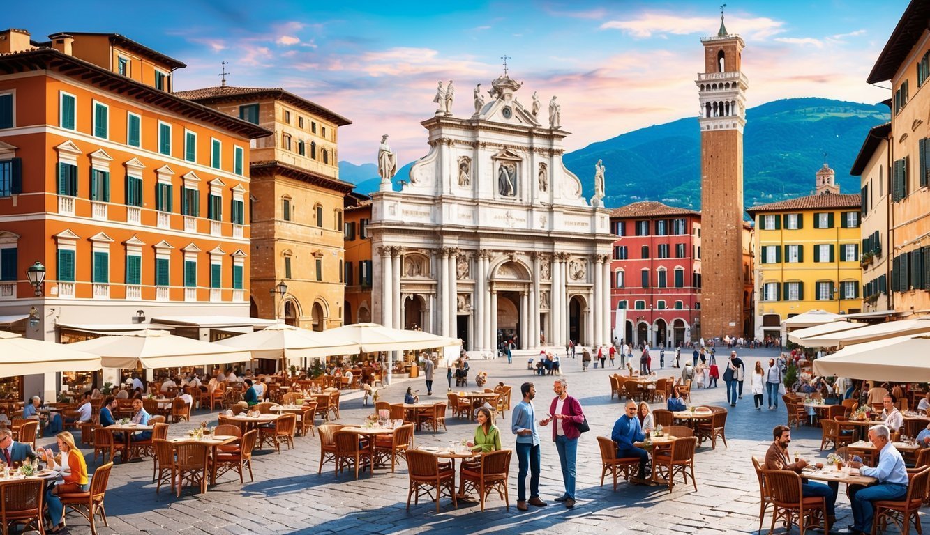 A bustling Italian piazza surrounded by historic landmarks, colorful buildings, and outdoor cafes, with locals and tourists enjoying the vibrant atmosphere