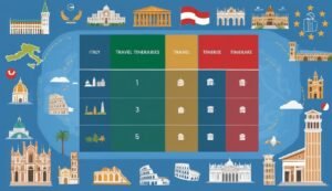 Infographic of Italian travel itineraries, with buildings and a table layout