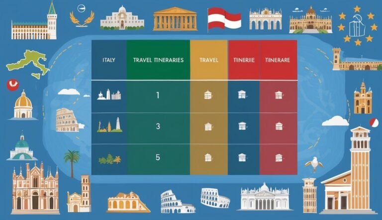 Infographic of Italian travel itineraries, with buildings and a table layout