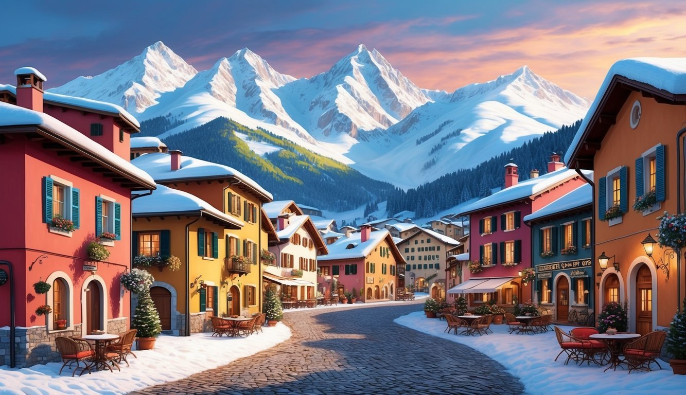 Snow-capped mountains surround quaint Italian villages with colorful buildings, cobblestone streets, and cozy cafes nestled among the ski resorts