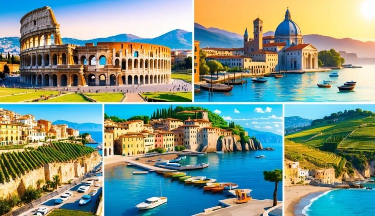 Collage of Italian landmarks: Colosseum, coastal towns, and boats on water