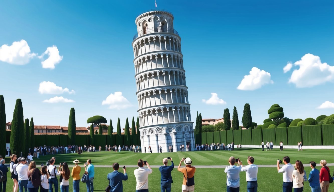 Leaning Tower of Pisa with tourists taking photos on a sunny day