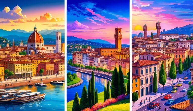 Three colorful paintings of Florence, Italy, with iconic buildings and sunsets
