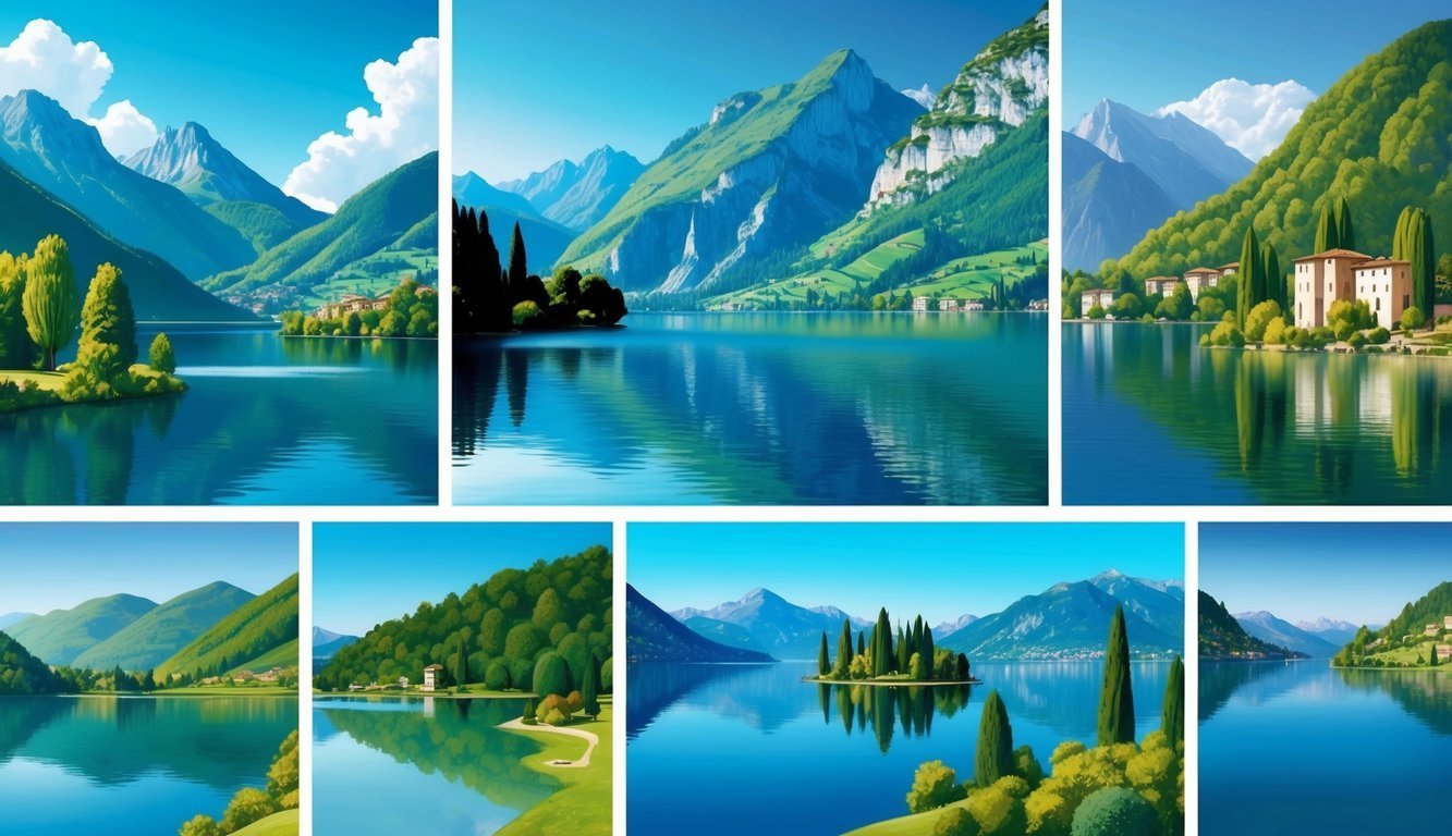 Scenic landscape with lake, mountains, trees, and buildings, in a collage