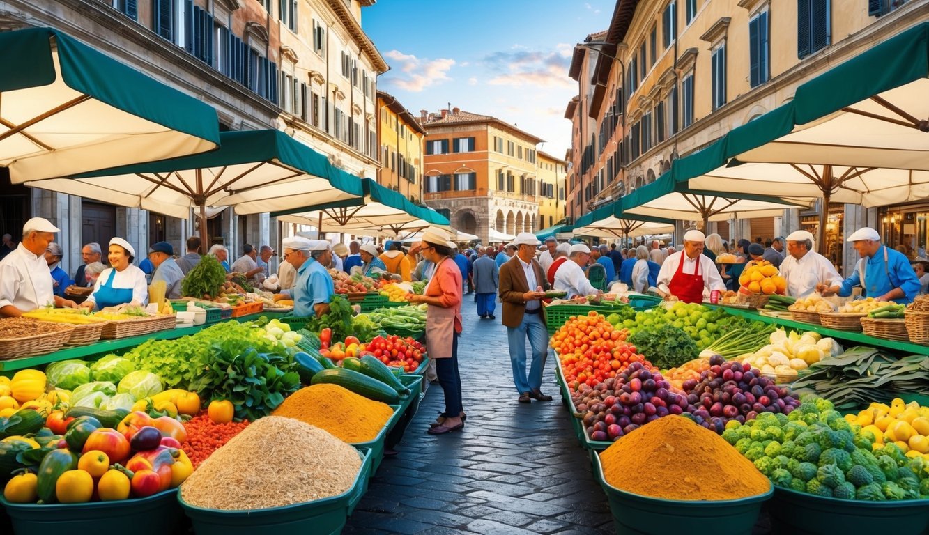 A bustling Italian marketplace filled with colorful produce, aromatic spices, and bustling crowds.</p><p>The backdrop of historic architecture sets the scene for the Culinary Delights 3 Italy tours