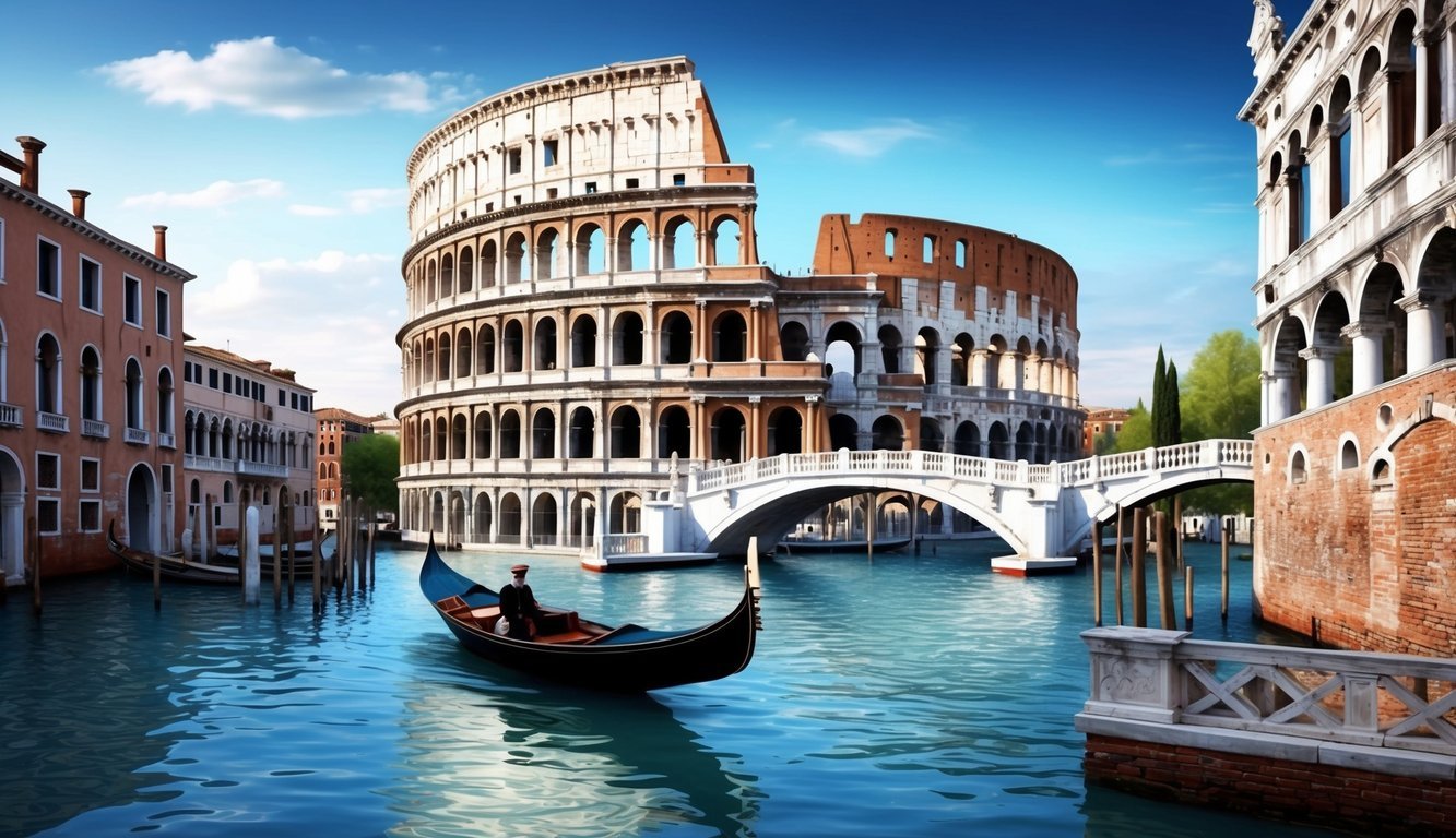 The Colosseum stands tall, surrounded by ancient ruins.</p><p>A gondola glides through the canals of Venice, passing under ornate bridges