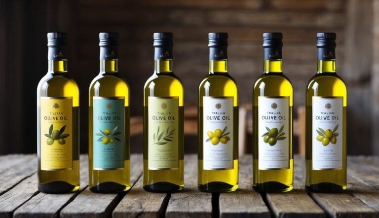 Six bottles of Italian olive oil with different label designs on wood