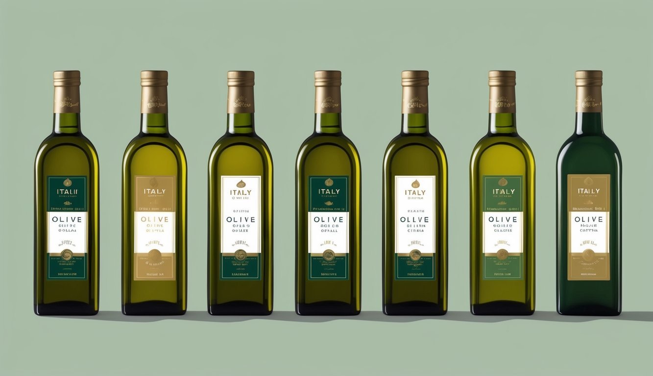 Six bottles of premium olive oil from Italy arranged in a row, each with a unique label and varying shades of green and gold