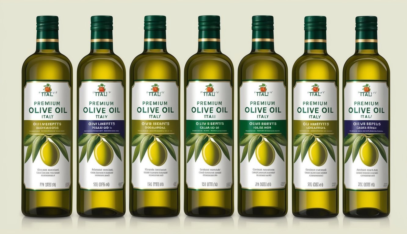 Six bottles of premium olive oil from Italy arranged in a row, with each bottle labeled with the specific health benefits of olive oil