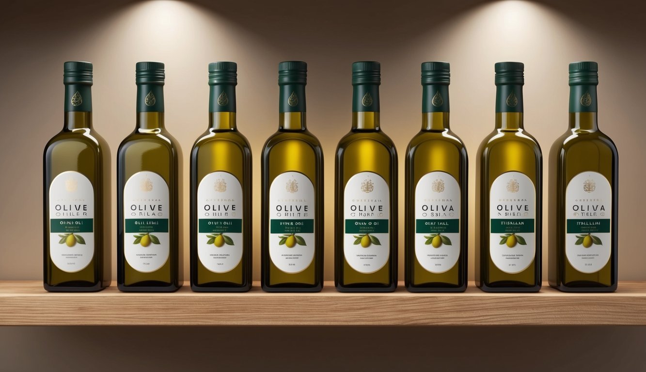 A row of six elegant Italian olive oil bottles arranged on a wooden shelf, with soft lighting highlighting their premium quality