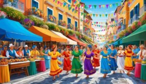 People dancing in colorful dresses in a festive street scene