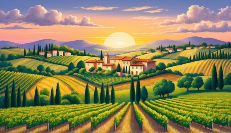 Scenic painting of a Tuscan landscape with vineyards, houses, and sunset