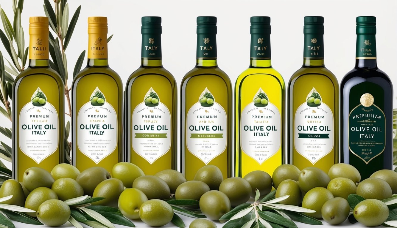 Six bottles of premium olive oil from Italy arranged in a row, each labeled with a different name and surrounded by fresh olives and olive branches
