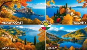 Four Italian landscapes: Amalfi Coast, Tuscany, Lake Como, and Sicily, in autumn