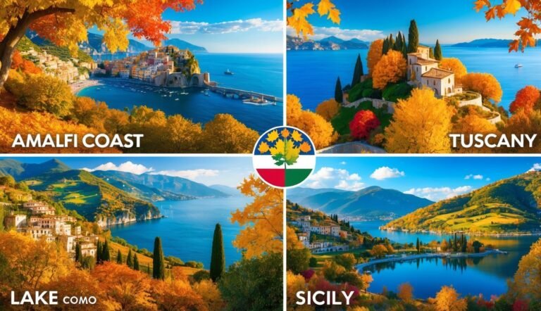 Four Italian landscapes: Amalfi Coast, Tuscany, Lake Como, and Sicily, in autumn