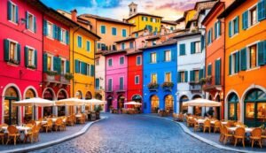 Colorful buildings line a cobblestone street with outdoor restaurants and umbrellas