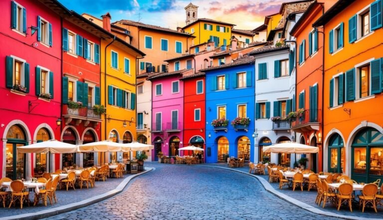 Colorful buildings line a cobblestone street with outdoor restaurants and umbrellas