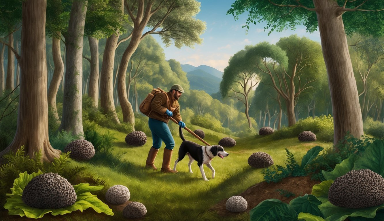 A lush Italian forest with a truffle hunter and their dog searching for prized truffle varieties amidst the trees and underbrush