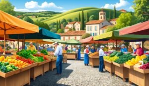 Outdoor market with vendors selling fresh produce under colorful awnings
