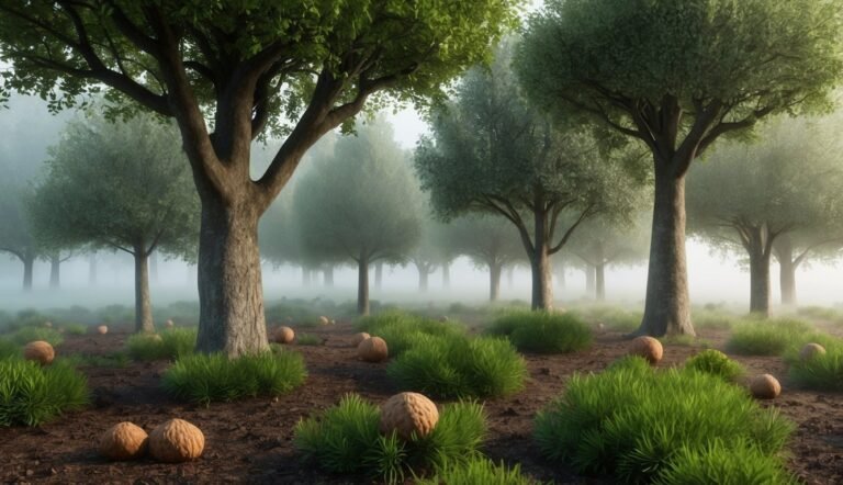 Trees in a foggy forest with walnuts scattered on the ground