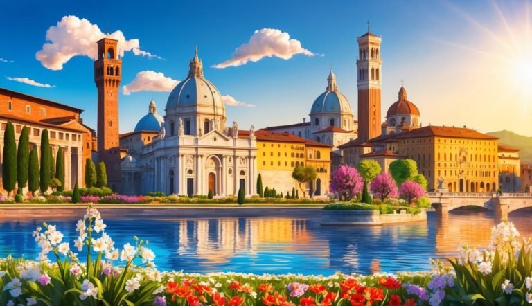 Cityscape with domes, towers, and a river with flowers in the foreground