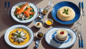 Overhead shot of a table set with seafood and desserts