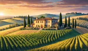 Italian villa surrounded by vineyards and rolling hills at sunset