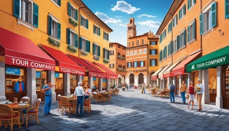 European town square with tour companies, people, and colorful buildings