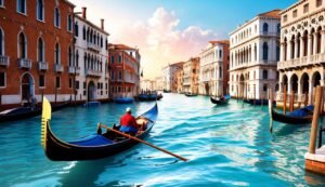 Gondola on a canal in Venice, Italy, with colorful buildings