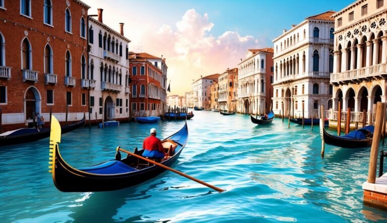 Gondola on a canal in Venice, Italy, with colorful buildings